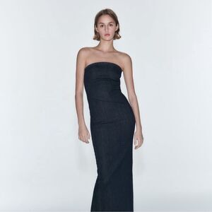 Zara Black Denim Strappless Maxi Dress